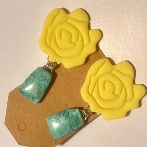 Yellow and Blue Rose Drop Earrings